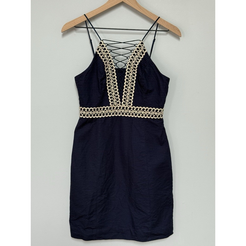 LILLY PULITZER Trista Navy Blue Gold Metallic Neckline Shift Dress Size 2